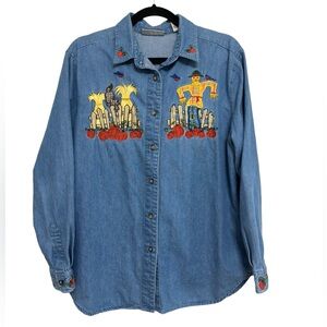 American Vintage Denim Button-Down Shirt with Fall Embroidery